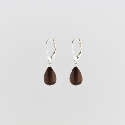 Sustainable wooden raindrop earrings made with natural wood in recycled sterling silver